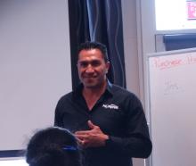 Former All Black Mils Muliaina speaks during a My Fale workshop in Oamaru last night. PHOTO: NIC...