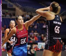 Southern Steel goal keeper Taneisha Fifita defends the shot of Te Paea Selby-Rickit during last...