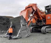 Resources Minister Shane Jones checks the bucket of Macraes' new&nbsp;electric shovel after...