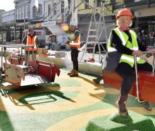 Park Central playground auditor Tina Dyer takes a ride on a new seesaw in George St as part of a...