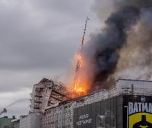 The Dragon Spire of the Stock Exchange burns in Copenhagen. Photo: Ritzau Scanpix/Ida Marie...