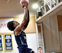 Nuggets No 4 Kimani Lawrence lines up a slam-dunk for his side against the Auckland Tuatara at...
