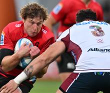 Cullen Grace of the Crusaders charges forward during today's Super Rugby Pacific match against...