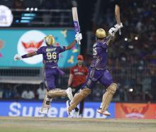 Shreyas Iyer and Venkatesh Iyer of Kolkata Knight Riders celebrate their team's win over...