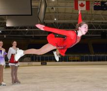 Dunedin skater Brooke Cathro gets aerial ahead of team-mates (from left) Olivia Dickson, Jazz...