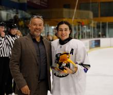 New Zealand Ice Hockey Federation president Andy Mills with Ice Fernz star Anjali Mulari at the...