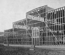 A building frame awaits cladding at the New Zealand and South Seas Exhibition construction site...
