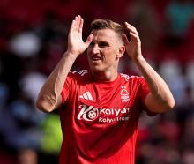 Chris Wood celebrates after scoring his 20th goal of the season for Nottingham Forest. Photo:...