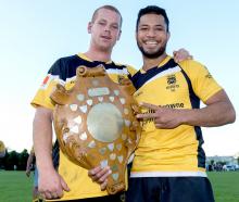 Scott Powell and John Vili with the Falton Shield after New Brighton's win in 2017. PHOTO: GETTY