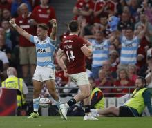 Argentina's Santiago Cordero celebrates scoring a try against the Lions. Photo: Reuters
