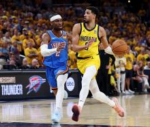 Indiana Pacers guard Tyrese Haliburton drives against Oklahoma City Thunder guard Shai Gilgeous...