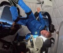 Mark Rocket out of his seat during the sub-orbital flight on Blue Origin's NS-32 mission. Photo:...
