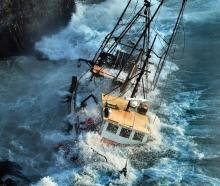 Fishing vessel Tamahine rocks in the waves at Taiaroa Head, at the tip of Otago Peninsula. It...