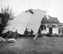 A house in Whanganui, on which the grandstand roof from the nearby recreation grounds landed...