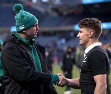 Tadhg Beirne of Ireland and Beauden Barrett of New Zealand after the Gallagher Cup match between...