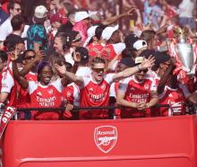Arsenal players (from left) Noni Madueke, Viktor Gyokeres,  William Saliba and Bukayo Saka...