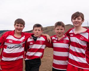Clutha Rugby Club players Jesse Steel (13), Clark Napier (13), William Berney (13) and Patrick...