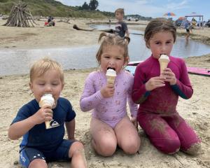 Summer treat ... Cousins (from left) Gus Ryan, 2, Frankie Ryan, 3, and Finlay McDiarmid, 6, enjoy...