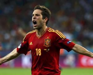 Spain's Jordi Alba celebrates his goal.                   REUTERS/Eddie Keogh