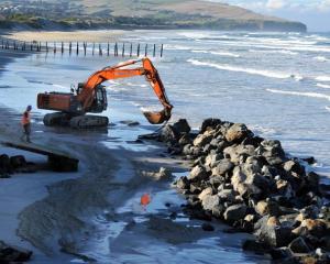 A ditch-digger works on a pile of rocks on St Clair Beach yesterday. Photos by Craig Baxter.