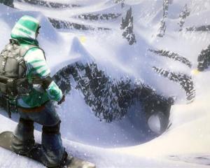 A snowboarder pauses before tackling a mountain in the yet-to-be-released EA Games SSX, which...