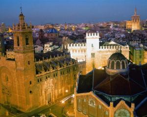 An aerial view shows the Palau de les Arts Reina Sofia (left) and the L'Hemisferic (right) at the...