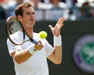 Andy Murray hits a return to Blaz Rola. REUTERS/Suzanne Plunkett