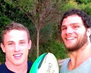 Brad Weber (left) and Kieran Moffat, after playing in a sevens tournament in England recently....