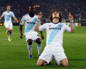 Chelsea's David Luiz (R) celebrates scoring against FC Basel during their Europa League semi...