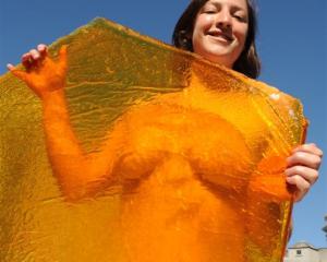Christchurch artist Audrey Baldwin yesterday stands behind one of the panes of toffee that will...