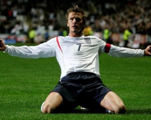 David Beckham celebrates scoring for England against Azerbaijan in their group six World Cup...