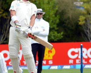 Hamish Rutherford ducks a high ball during the New Zealand v West Indies test at the University...