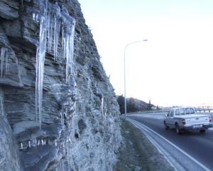 Icicles hang from rock beside Frankton Rd, near Queenstown, in 2007. The Queenstown Lakes...