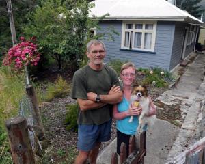 Jon and Lynette Barfoot, of Christchurch, and Papillon dog Jack Sparrow at their Waipori Falls...