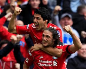 Liverpool's Andy Carroll (bottom) celebrates his goal against Everton with teammate Luis Suarez...