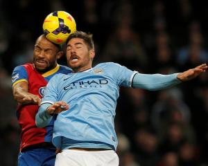 Manchester City's Javi Garcia (R) and Crystal Palace's Danny Gabbidon contest the ball. REUTERS/Phil