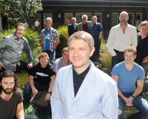 Martin Freeman, centre, who will play Bilbo Baggins, with other cast members of 'The Hobbit', in...
