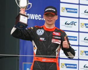 Max Verstappen celebrates his second place at the FIA Formula 3 European Championship race at the...