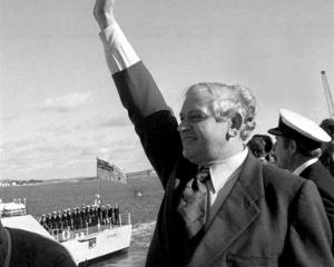 Norman Kirk bids farewell to HMNZS Otago as it sets sail for Mururoa Atoll in June 1973. Photo by...