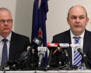 Novopay Minister Steven Joyce, right, with acting Secretary of Education Peter Hughes, at the...