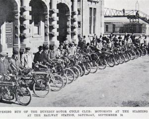 Participants in the opening run of the Dunedin Motor Cycle Club at the Dunedin Railway Station on...