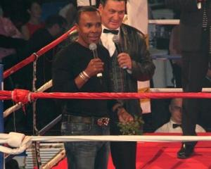 Sugar Ray Leonard addresses the crowd at the Thriller in the Chiller charity boxing tournament,...
