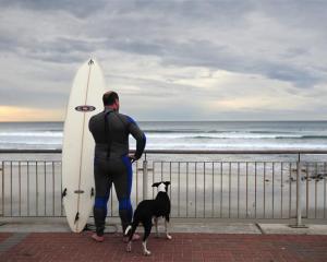 Surfer Neil Swift watches the surf at St Clair after police closed the beach during yesterday's...
