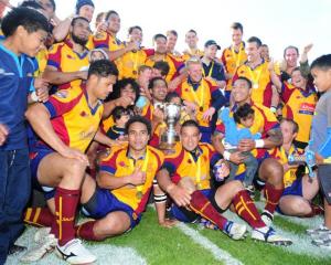 The champion North Otago rugby team celebrates its 39-18 win over Wanganui in the Meads Cup in...