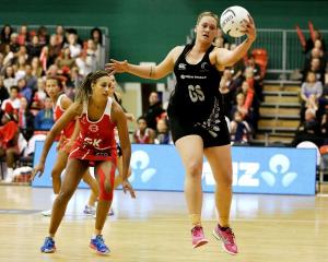 The Silver Ferns' Cathrine Latu receives a pass during game two against England at Arena Manawatu...