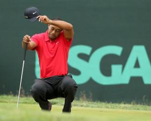 US golfer Tiger Woods wipes his face while on the second green during the final round of the 2013...