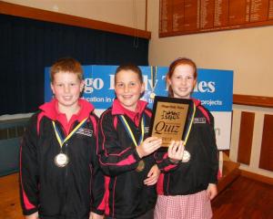 Winners of the years 5 and 6 Otago Daily Times social studies quiz in Timaru yesterday are (from...