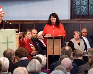 Carmen Houlahan speaks to the audience at the candidates' meeting at the Opoho Presbyterian...