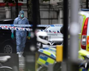 A forensics officer walks near the Natural History Museum, after a car mounted the pavement, in...