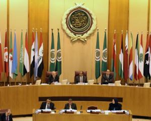Arab League Secretary-General Ahmed Aboul Gheit speaks during Arab League foreign ministers...